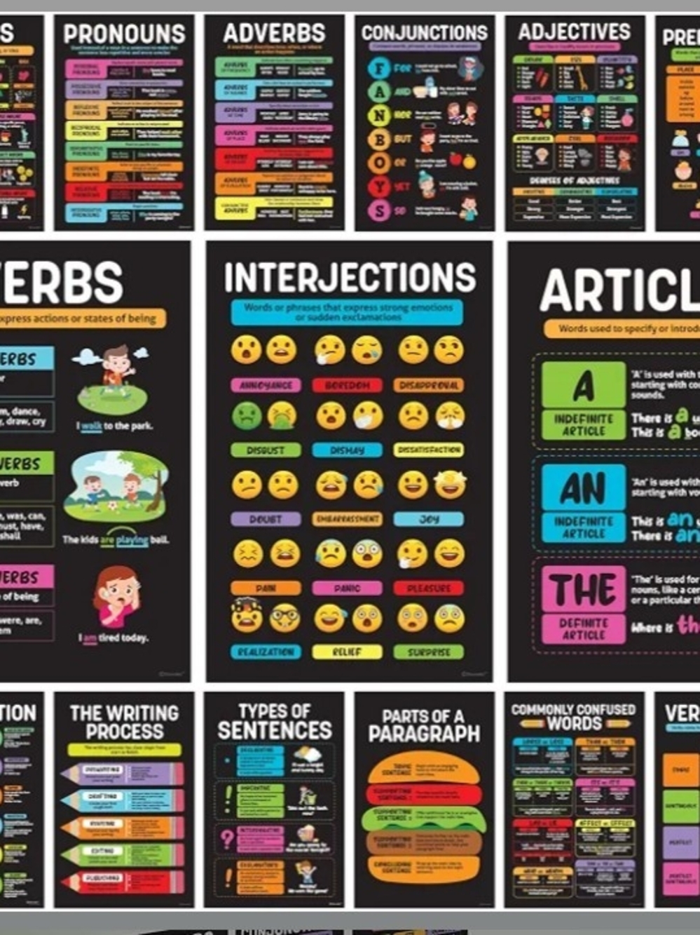 NWT Parts Of Speech Colorful Classroom Chalkboard 11 X 17 Poster Set